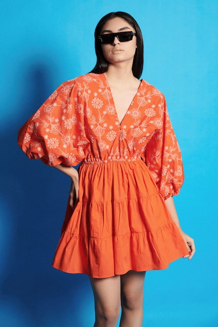 Cin Cin Orange Poplin Embroidery V-neck Floral Skater Dress Online at Aza Fashions Cin Cin_Orange Poplin Embroidery V-neck Floral Skater Dress _Online_at_Aza_Fashions