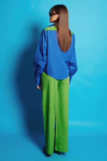 Shop Cin Cin Blue Cotton, Poplin Collared Rectangular Block Shirt With Pant at Aza Fashions Shop_Cin Cin_Blue Cotton, Poplin Collared Rectangular Block Shirt With Pant _at_Aza_Fashions