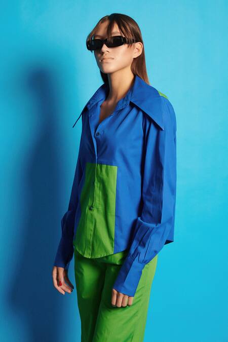 Cin Cin Blue Cotton, Poplin Collared Rectangular Block Shirt With Pant Online at Aza Fashions Cin Cin_Blue Cotton, Poplin Collared Rectangular Block Shirt With Pant _Online_at_Aza_Fashions