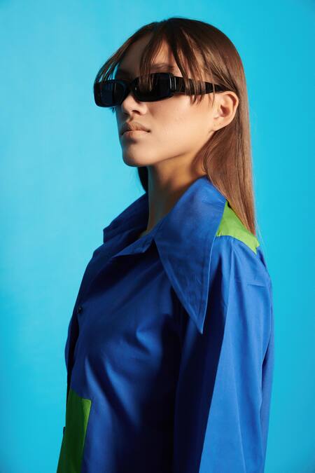 Buy Cin Cin Blue Cotton, Poplin Collared Rectangular Block Shirt With Pant Online at Aza Fashions Buy_Cin Cin_Blue Cotton, Poplin Collared Rectangular Block Shirt With Pant _Online_at_Aza_Fashions