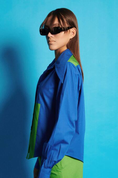 Shop Cin Cin Blue Cotton, Poplin Collared Rectangular Block Shirt With Pant Online at Aza Fashions Shop_Cin Cin_Blue Cotton, Poplin Collared Rectangular Block Shirt With Pant _Online_at_Aza_Fashions
