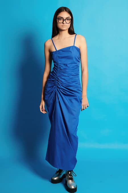 Cin Cin Blue Poplin Solid Square Ruched Asymmetric Long Dress 