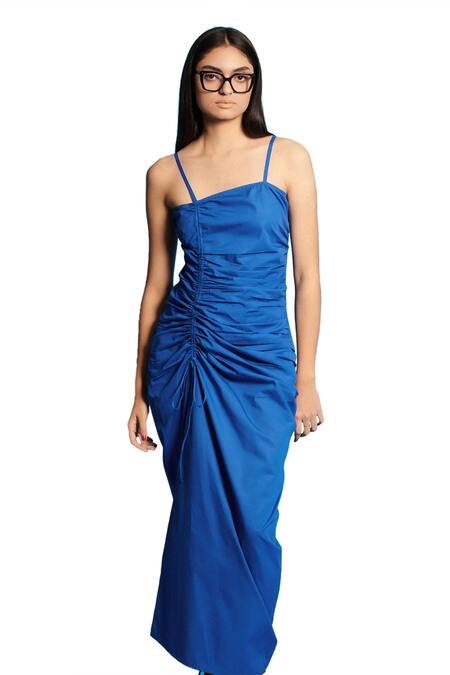 Buy Cin Cin Blue Poplin Solid Square Ruched Asymmetric Long Dress Online at Aza Fashions Buy_Cin Cin_Blue Poplin Solid Square Ruched Asymmetric Long Dress _Online_at_Aza_Fashions