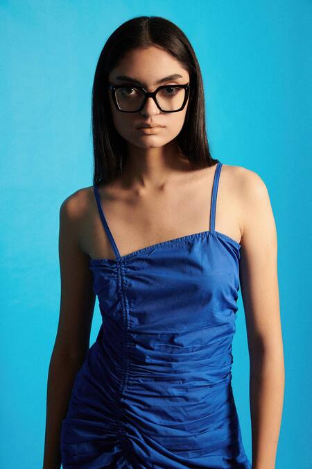 Buy Cin Cin Blue Poplin Solid Square Ruched Asymmetric Long Dress Buy_Cin Cin_Blue Poplin Solid Square Ruched Asymmetric Long Dress