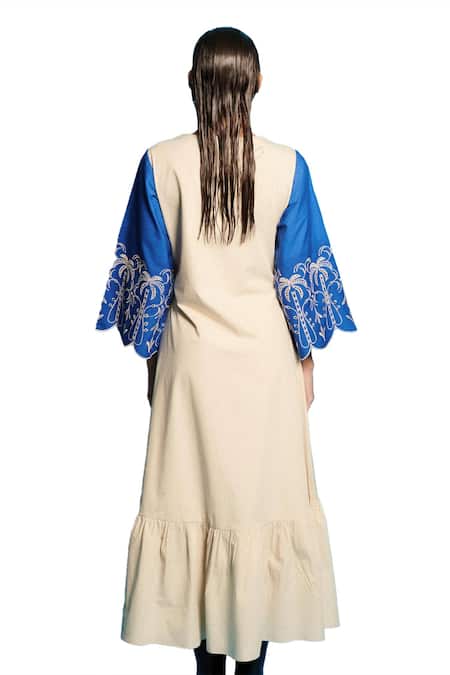 Cin Cin Blue Poplin V-neck Tree Embroidered Long Dress Online at Aza Fashions Cin Cin_Blue Poplin V-neck Tree Embroidered Long Dress _Online_at_Aza_Fashions