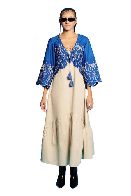 Buy Cin Cin Blue Poplin V-neck Tree Embroidered Long Dress Online at Aza Fashions Buy_Cin Cin_Blue Poplin V-neck Tree Embroidered Long Dress _Online_at_Aza_Fashions