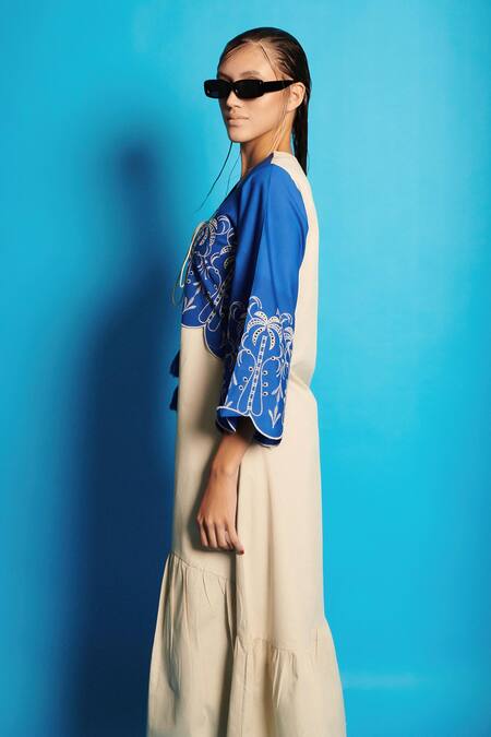 Cin Cin Blue Poplin V-neck Tree Embroidered Long Dress at Aza Fashions Cin Cin_Blue Poplin V-neck Tree Embroidered Long Dress _at_Aza_Fashions