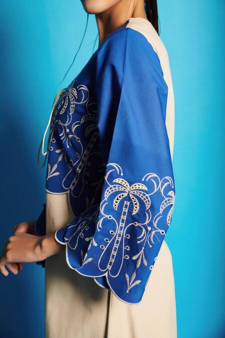 Buy Cin Cin Blue Poplin V-neck Tree Embroidered Long Dress Buy_Cin Cin_Blue Poplin V-neck Tree Embroidered Long Dress