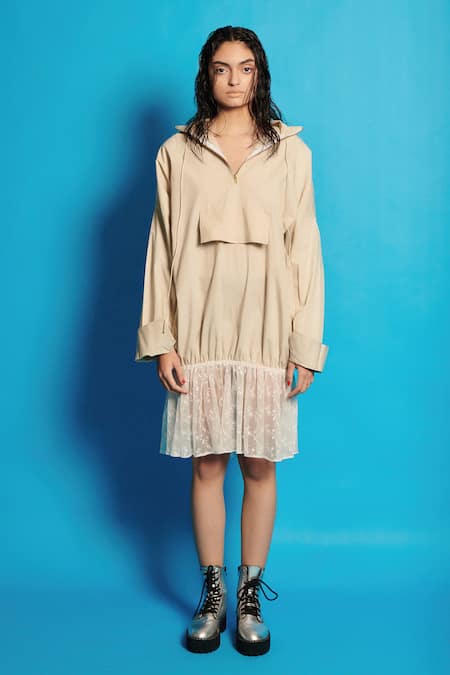 Cin Cin Beige Poplin Solid Collar Boxy Dress Online at Aza Fashions Cin Cin_Beige Poplin Solid Collar Boxy Dress _Online_at_Aza_Fashions