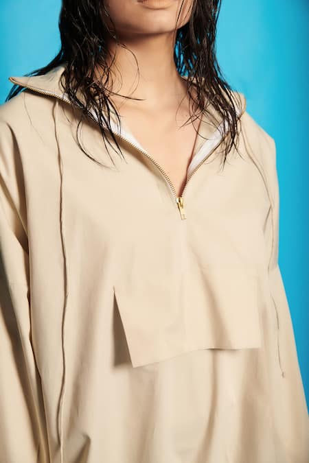 Shop Cin Cin Beige Poplin Solid Collar Boxy Dress Online at Aza Fashions Shop_Cin Cin_Beige Poplin Solid Collar Boxy Dress _Online_at_Aza_Fashions