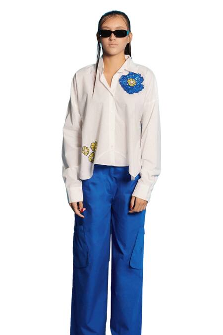 Buy_Cin Cin_White Poplin Sequins, Beads Collared Flower Embroidered Shirt Cargo Set_Online_at_Aza_Fashions