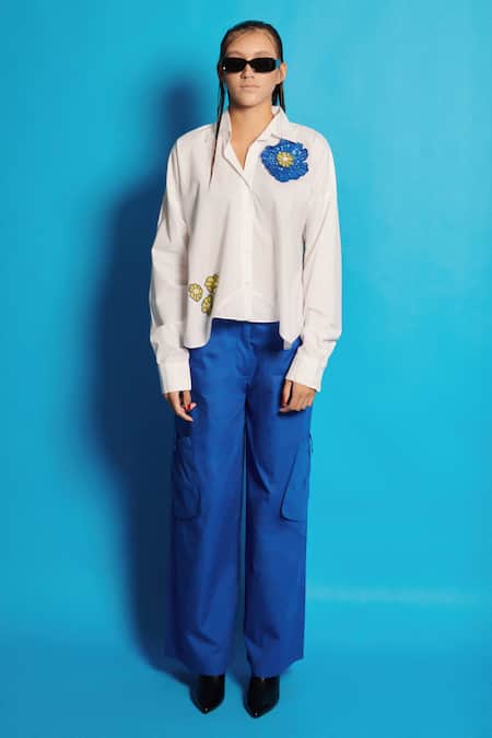 Cin Cin_White Poplin Sequins, Beads Collared Flower Embroidered Shirt Cargo Set_at_Aza_Fashions