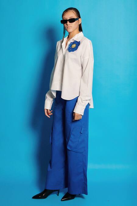 Cin Cin White Poplin Sequins, Beads Collared Flower Embroidered Shirt Online at Aza Fashions Cin Cin_White Poplin Sequins, Beads Collared Flower Embroidered Shirt_Online_at_Aza_Fashions