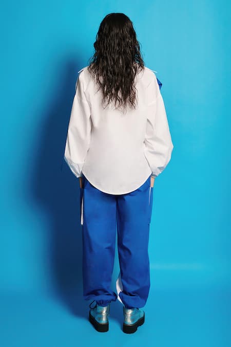 Shop Cin Cin White Poplin Collared Panelled Shirt With Joggers at Aza Fashions Shop_Cin Cin_White Poplin Collared Panelled Shirt With Joggers _at_Aza_Fashions