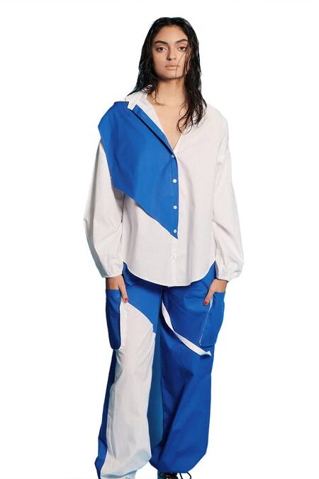 Cin Cin White Poplin Collared Panelled Shirt With Joggers Online at Aza Fashions Cin Cin_White Poplin Collared Panelled Shirt With Joggers _Online_at_Aza_Fashions