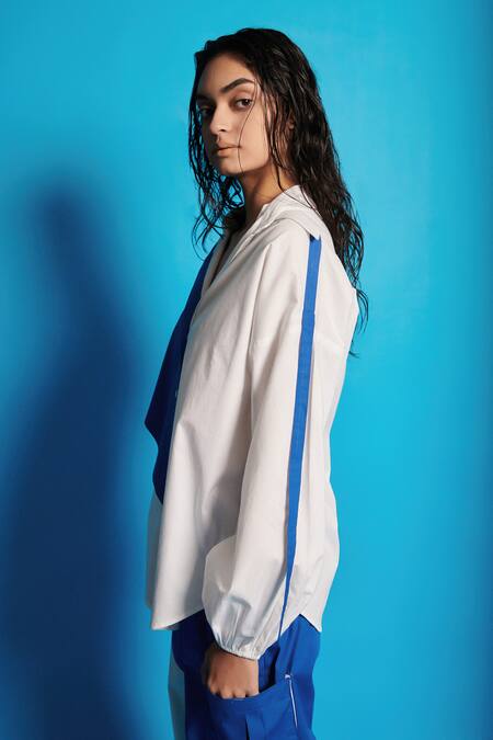Shop Cin Cin White Poplin Collared Panelled Shirt With Joggers Online at Aza Fashions Shop_Cin Cin_White Poplin Collared Panelled Shirt With Joggers _Online_at_Aza_Fashions