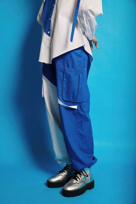 Cin Cin White Poplin Collared Panelled Shirt With Joggers at Aza Fashions Cin Cin_White Poplin Collared Panelled Shirt With Joggers _at_Aza_Fashions