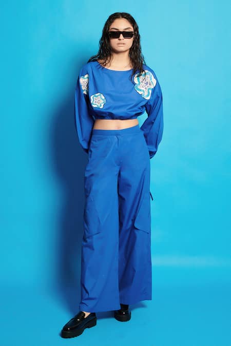 Cin Cin Blue Poplin Embroidered Sequin Round Crop Top With Pant Online at Aza Fashions Cin Cin_Blue Poplin Embroidered Sequin Round Crop Top With Pant _Online_at_Aza_Fashions