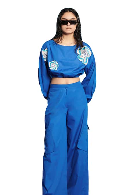 Buy Cin Cin Blue Poplin Embroidered Sequin Round Crop Top With Pant Online at Aza Fashions Buy_Cin Cin_Blue Poplin Embroidered Sequin Round Crop Top With Pant _Online_at_Aza_Fashions