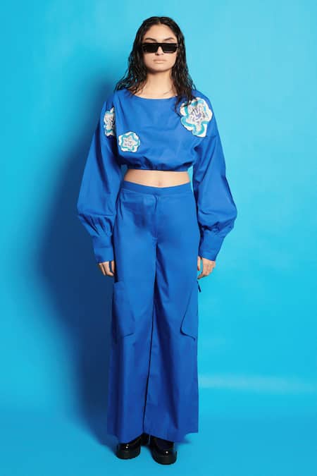 Buy Cin Cin Blue Poplin Embroidered Sequin Round Crop Top With Pant Buy_Cin Cin_Blue Poplin Embroidered Sequin Round Crop Top With Pant