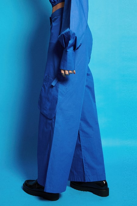 Shop Cin Cin Blue Poplin Embroidered Sequin Round Crop Top With Pant Shop_Cin Cin_Blue Poplin Embroidered Sequin Round Crop Top With Pant