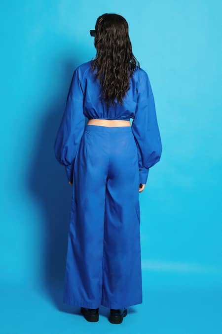 Shop Cin Cin Blue Poplin Embroidered Sequin Round Crop Top at Aza Fashions Shop_Cin Cin_Blue Poplin Embroidered Sequin Round Crop Top _at_Aza_Fashions