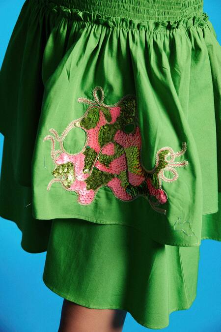 Cin Cin_Green Poplin Placement Embroidered Sequins Straight Neck Layered Short Dress _Online_at_Aza_Fashions