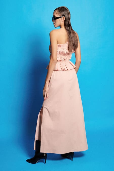 Shop Cin Cin Pink Cotton, Poplin Round Neck Solid Crop Top And Slit Skirt Set at Aza Fashions Shop_Cin Cin_Pink Cotton, Poplin Round Neck Solid Crop Top And Slit Skirt Set _at_Aza_Fashions