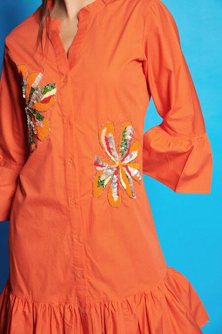 Cin Cin Orange Poplin Placement Embroidered Beads Notched Short Dress Online at Aza Fashions Cin Cin_Orange Poplin Placement Embroidered Beads Notched Short Dress _Online_at_Aza_Fashions