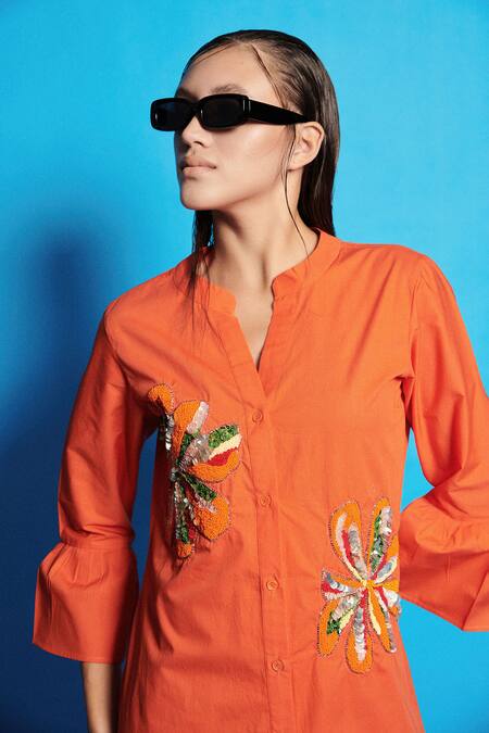 Buy Cin Cin Orange Poplin Placement Embroidered Beads Notched Short Dress Online at Aza Fashions Buy_Cin Cin_Orange Poplin Placement Embroidered Beads Notched Short Dress _Online_at_Aza_Fashions