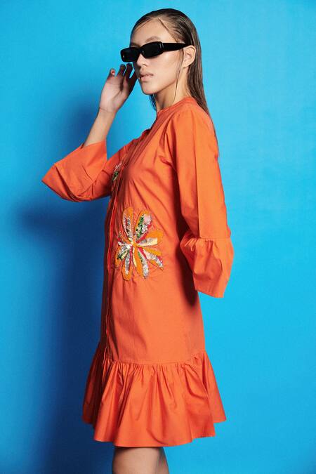 Shop Cin Cin Orange Poplin Placement Embroidered Beads Notched Short Dress Online at Aza Fashions Shop_Cin Cin_Orange Poplin Placement Embroidered Beads Notched Short Dress _Online_at_Aza_Fashions