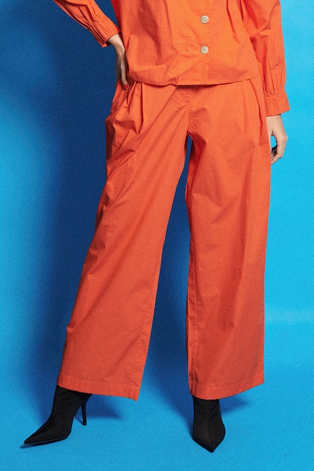 Cin Cin_Orange Poplin Embroidered Beads Lapel Collar Shirt And Cargo Pant Set _Online_at_Aza_Fashions