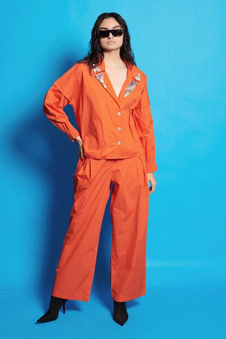 Shop Cin Cin Orange Poplin Embroidered Beads Lapel Collar Shirt at Aza Fashions Shop_Cin Cin_Orange Poplin Embroidered Beads Lapel Collar Shirt _at_Aza_Fashions