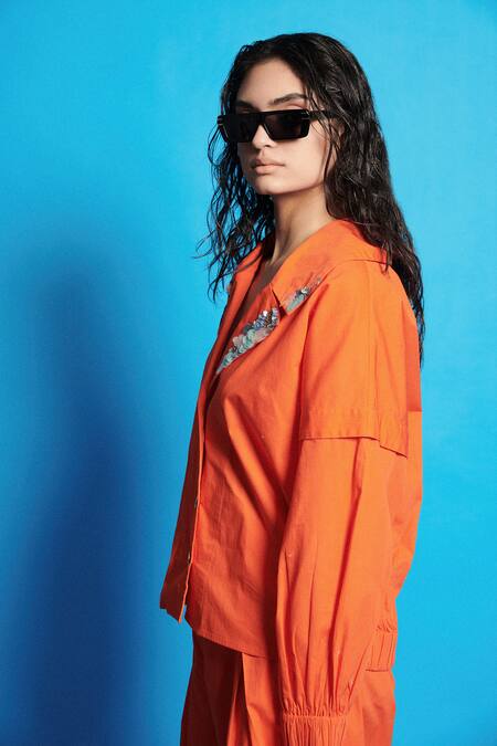Buy Cin Cin Orange Poplin Embroidered Beads Lapel Collar Shirt Online at Aza Fashions Buy_Cin Cin_Orange Poplin Embroidered Beads Lapel Collar Shirt _Online_at_Aza_Fashions