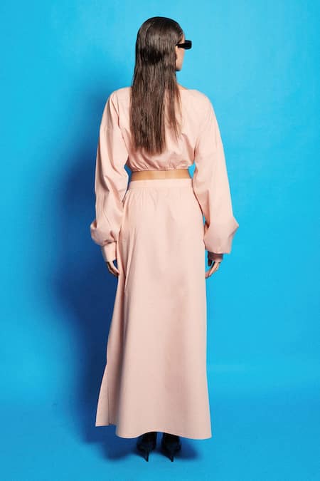 Shop Cin Cin Pink Poplin Placement Embroidered Beads Boat Neck Crop Top And Slit Skirt Set at Aza Fashions Shop_Cin Cin_Pink Poplin Placement Embroidered Beads Boat Neck Crop Top And Slit Skirt Set _at_Aza_Fashions