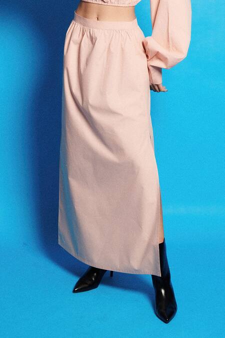 Cin Cin Pink Poplin Placement Embroidered Beads Boat Neck Crop Top And Slit Skirt Set Online at Aza Fashions Cin Cin_Pink Poplin Placement Embroidered Beads Boat Neck Crop Top And Slit Skirt Set _Online_at_Aza_Fashions