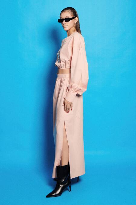 Buy Cin Cin Pink Poplin Placement Embroidered Beads Boat Neck Crop Top And Slit Skirt Set Online at Aza Fashions Buy_Cin Cin_Pink Poplin Placement Embroidered Beads Boat Neck Crop Top And Slit Skirt Set _Online_at_Aza_Fashions