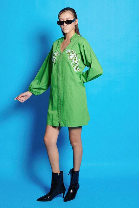 Cin Cin Green Poplin Sequins Placement Embroidered Shirt Dress Online at Aza Fashions Cin Cin_Green Poplin Sequins Placement Embroidered Shirt Dress _Online_at_Aza_Fashions