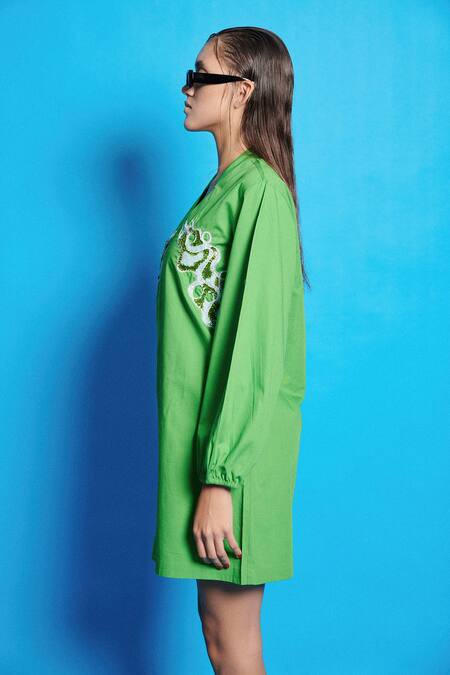 Cin Cin Green Poplin Sequins Placement Embroidered Shirt Dress at Aza Fashions Cin Cin_Green Poplin Sequins Placement Embroidered Shirt Dress _at_Aza_Fashions