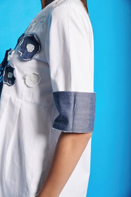 Shop Cin Cin White Top Poplin Embroidered Floral Patchwork Notched And Pant Set Online at Aza Fashions Shop_Cin Cin_White Top Poplin Embroidered Floral Patchwork Notched And Pant Set _Online_at_Aza_Fashions
