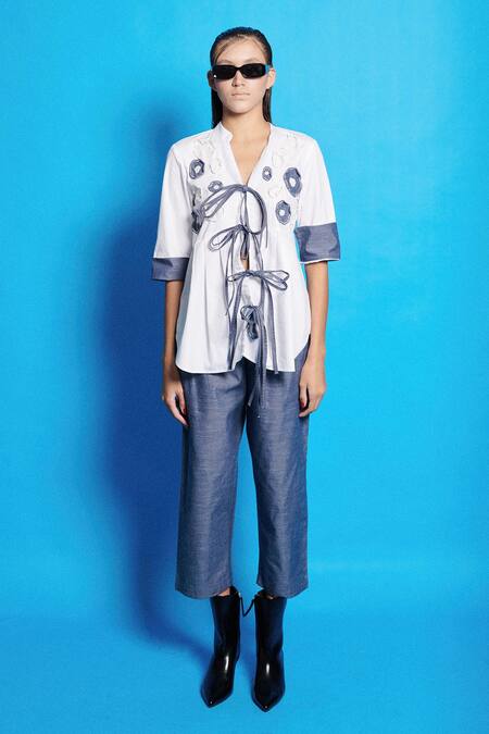 Cin Cin White Poplin Embroidered Floral Patchwork Notched Top at Aza Fashions Cin Cin_White Poplin Embroidered Floral Patchwork Notched Top _at_Aza_Fashions
