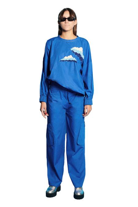 Cin Cin Blue Poplin Embroidered Sequins Round Placement Top And Cargo Pant Set Online at Aza Fashions Cin Cin_Blue Poplin Embroidered Sequins Round Placement Top And Cargo Pant Set _Online_at_Aza_Fashions