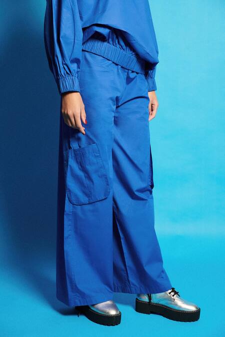 Shop Cin Cin Blue Poplin Embroidered Sequins Round Placement Top And Cargo Pant Set Online at Aza Fashions Shop_Cin Cin_Blue Poplin Embroidered Sequins Round Placement Top And Cargo Pant Set _Online_at_Aza_Fashions