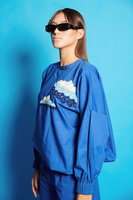 Shop Cin Cin Blue Poplin Embroidered Sequins Round Placement Top at Aza Fashions Shop_Cin Cin_Blue Poplin Embroidered Sequins Round Placement Top _at_Aza_Fashions