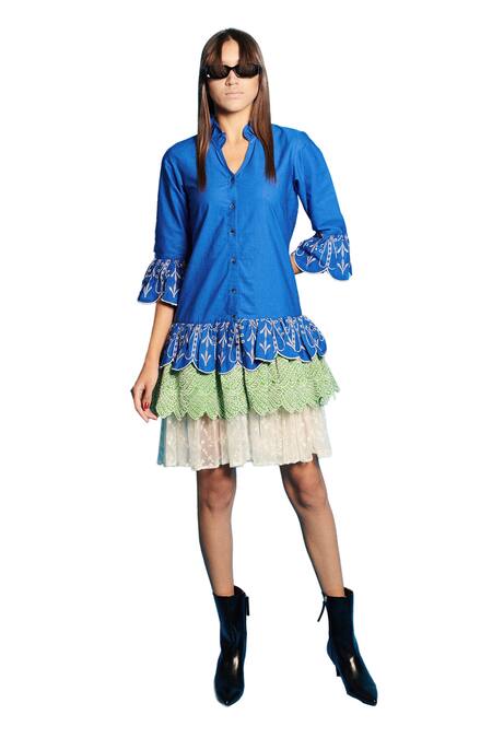 Cin Cin_Blue Poplin Embroidery Collared Layered Dress _Online_at_Aza_Fashions