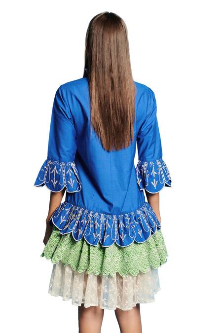 Buy_Cin Cin_Blue Poplin Embroidery Collared Layered Dress _Online_at_Aza_Fashions