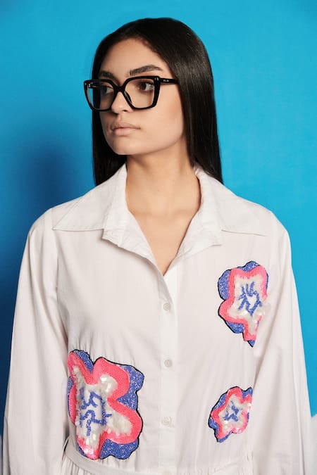 Cin Cin_White Poplin Placement Embroidered Sequins Collar Two-tiered Dress _Online_at_Aza_Fashions