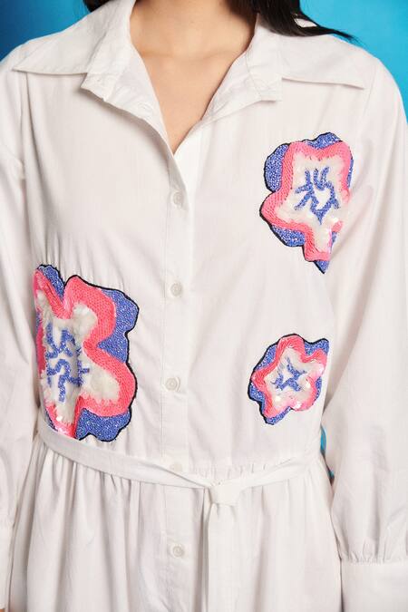 Buy_Cin Cin_White Poplin Placement Embroidered Sequins Collar Two-tiered Dress _Online_at_Aza_Fashions