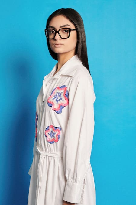 Shop_Cin Cin_White Poplin Placement Embroidered Sequins Collar Two-tiered Dress _Online_at_Aza_Fashions