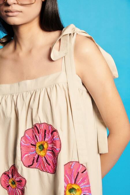 Buy Cin Cin Beige Poplin Embroidered Beads Square Neck High-low Dress Online at Aza Fashions Buy_Cin Cin_Beige Poplin Embroidered Beads Square Neck High-low Dress _Online_at_Aza_Fashions